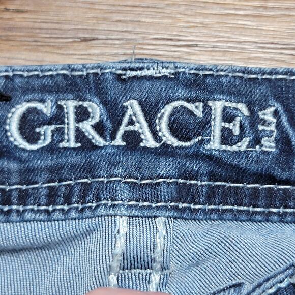 Grace In LA High Waist Denim Jeans w/ Raw Hem Bell Bottoms & Bling - Size 28 - Picture 8 of 10